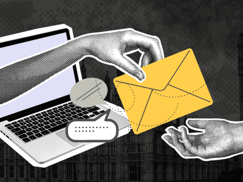 Graphic hand coming out of a laptop holding an envelope