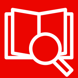 white icon of a book and a magnifying glass 